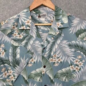 Vtg Aloha Republic Mens Hawaiian Shirt Floral Palm Print Blue Large Made in‎ USA